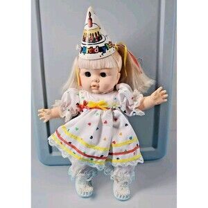Birthday Girl Doll 12" Blonde Pig Tail  Dressed Party Hat Vintage Sleepy Eyes